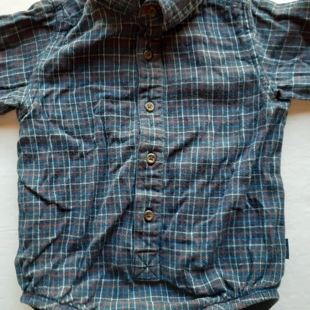 Oshkosh Boys Shirt Button Down Bodysuit Navy Plaid Long Sleeve 18 Months